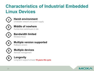 Characteristics of Industrial Embedded
Linux Devices
20
1
Multiple devices
Remote management
5
Middle of nowhere
Human-less warehouse or site
Harsh environment
Unreliable network and power supply
2
Bandwidth limited
Wireless focus
3
Multiple version supported
Rollback version
4
Longevity
Long-term support at least 10 years life cycle
6
 