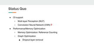Status Quo
● Cli support
○ Multi layer Perceptron (MLP)
○ Convolution Neural Network (CNN)
● Performance/Memory Optimization
○ Memory Optimization: Reference Counting
○ Graph Optimization
■ Dropout layer removal
?
 