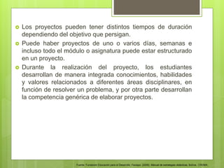  Los proyectos pueden tener distintos tiempos de duración
dependiendo del objetivo que persigan.
 Puede haber proyectos de uno o varios días, semanas e
incluso todo el módulo o asignatura puede estar estructurado
en un proyecto.
 Durante la realización del proyecto, los estudiantes
desarrollan de manera integrada conocimientos, habilidades
y valores relacionados a diferentes áreas disciplinares, en
función de resolver un problema, y por otra parte desarrollan
la competencia genérica de elaborar proyectos.
Fuente: Fundación Educación para el Desarrollo. Fautapo. (2009). Manual de estrategias didácticas. Bolivia.: CROMA.
 