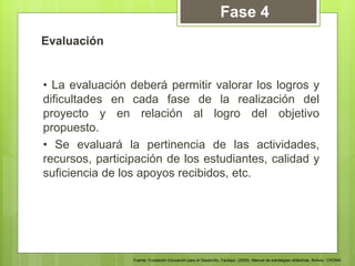 Evaluación
• La evaluación deberá permitir valorar los logros y
dificultades en cada fase de la realización del
proyecto y en relación al logro del objetivo
propuesto.
• Se evaluará la pertinencia de las actividades,
recursos, participación de los estudiantes, calidad y
suficiencia de los apoyos recibidos, etc.
Fuente: Fundación Educación para el Desarrollo. Fautapo. (2009). Manual de estrategias didácticas. Bolivia.: CROMA.
Fase 4
 