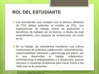 ROL DEL ESTUDIANTE
 Los estudiantes que trabajan con la técnica didáctica
de POL deben entender el modelo de POL, sus
implicaciones de trabajo, forma de evaluación y
beneficios de trabajar con la técnica; a través de este
entendimiento, son capaces de involucrarse con éxito
en él.
 En su trabajo, los estudiantes mantienen una cultura
institucional de auténtica colaboración, automotivación,
responsabilidad individual y aprendizaje por pares; por
lo que desarrollan el trabajo colaborativo,
enfrentándose a ambigüedades y a obstáculos, buscan
recursos y resuelven problemas para hacer frente a los
retos que se le presentan.
Fuente: Instituto tecnológico y de estudios Superiores de Monterrey. Qué es aprendizaje orientado aproyectos. Consultado el 07 de marzo de 2013 de:
http://sitios.itesm.mx/va/diie/tecnicasdidacticas/4_1.htm.
 