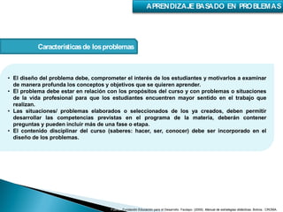 Característicasde losproblemas
• El diseño del problema debe, comprometer el interés de los estudiantes y motivarlos a examinar
de manera profunda los conceptos y objetivos que se quieren aprender.
• El problema debe estar en relación con los propósitos del curso y con problemas o situaciones
de la vida profesional para que los estudiantes encuentren mayor sentido en el trabajo que
realizan.
• Las situaciones/ problemas elaborados o seleccionados de los ya creados, deben permitir
desarrollar las competencias previstas en el programa de la materia, deberán contener
preguntas y pueden incluir más de una fase o etapa.
• El contenido disciplinar del curso (saberes: hacer, ser, conocer) debe ser incorporado en el
diseño de los problemas.
Fuente: Fundación Educación para el Desarrollo. Fautapo. (2009). Manual de estrategias didácticas. Bolivia.: CROMA.
 