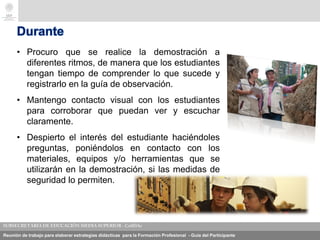 Reunión de trabajo para elaborar estrategias didácticas para la Formación Profesional - Guía del Participante
Durante
• Procuro que se realice la demostración a
diferentes ritmos, de manera que los estudiantes
tengan tiempo de comprender lo que sucede y
registrarlo en la guía de observación.
• Mantengo contacto visual con los estudiantes
para corroborar que puedan ver y escuchar
claramente.
• Despierto el interés del estudiante haciéndoles
preguntas, poniéndolos en contacto con los
materiales, equipos y/o herramientas que se
utilizarán en la demostración, si las medidas de
seguridad lo permiten.
 