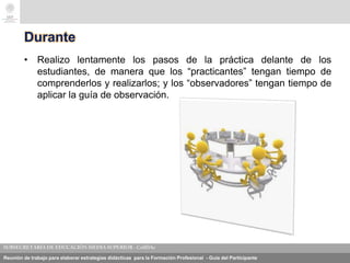 Reunión de trabajo para elaborar estrategias didácticas para la Formación Profesional - Guía del Participante
Durante
• Realizo lentamente los pasos de la práctica delante de los
estudiantes, de manera que los “practicantes” tengan tiempo de
comprenderlos y realizarlos; y los “observadores” tengan tiempo de
aplicar la guía de observación.
 