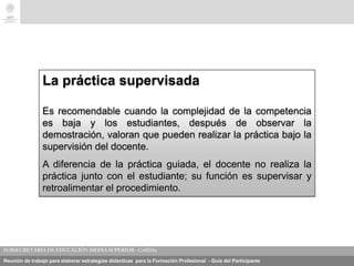 Reunión de trabajo para elaborar estrategias didácticas para la Formación Profesional - Guía del Participante
La práctica supervisada
Es recomendable cuando la complejidad de la competencia
es baja y los estudiantes, después de observar la
demostración, valoran que pueden realizar la práctica bajo la
supervisión del docente.
A diferencia de la práctica guiada, el docente no realiza la
práctica junto con el estudiante; su función es supervisar y
retroalimentar el procedimiento.
 