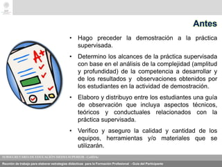 Reunión de trabajo para elaborar estrategias didácticas para la Formación Profesional - Guía del Participante
Antes
• Hago preceder la demostración a la práctica
supervisada.
• Determino los alcances de la práctica supervisada
con base en el análisis de la complejidad (amplitud
y profundidad) de la competencia a desarrollar y
de los resultados y observaciones obtenidos por
los estudiantes en la actividad de demostración.
• Elaboro y distribuyo entre los estudiantes una guía
de observación que incluya aspectos técnicos,
teóricos y conductuales relacionados con la
práctica supervisada.
• Verifico y aseguro la calidad y cantidad de los
equipos, herramientas y/o materiales que se
utilizarán.
 
