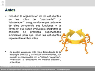 Reunión de trabajo para elaborar estrategias didácticas para la Formación Profesional - Guía del Participante
Antes
• Coordino la organización de los estudiantes
en los roles de “practicante”* y
“observador”*, asegurándome que cada uno
de ellos comprenda sus funciones y la
forma en que serán evaluadas; programo la
cantidad de prácticas supervisadas
suficientes para que todos los estudiantes
representen ambos roles.
* Se pueden considerar más roles dependiendo de la
estrategia didáctica y la cantidad de estudiantes, por
ejemplo los relacionados con la “calidad”, “seguridad”,
“evaluación” y “elaboración de material didáctico”,
entre otros.
 