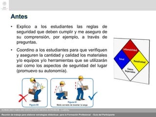 Reunión de trabajo para elaborar estrategias didácticas para la Formación Profesional - Guía del Participante
Antes
• Explico a los estudiantes las reglas de
seguridad que deben cumplir y me aseguro de
su comprensión, por ejemplo, a través de
preguntas.
• Coordino a los estudiantes para que verifiquen
y aseguren la cantidad y calidad los materiales
y/o equipos y/o herramientas que se utilizarán
así como los aspectos de seguridad del lugar
(promuevo su autonomía).
 