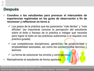 Reunión de trabajo para elaborar estrategias didácticas para la Formación Profesional - Guía del Participante
Después
• Coordino a los estudiantes para provocar el intercambio de
experiencias registradas en las guías de observación a fin de
reconocer y reflexionar en torno a:
 Los pasos de la práctica que les parecieron “más fáciles” y “más
difíciles” (es importante conocer la percepción del estudiante
sobre el éxito o fracaso de la práctica e indagar qué necesita
para lograr el éxito en las prácticas autónomas o si requiere una
práctica guiada)
 Las competencias disciplinares, genéricas, de productividad y
empleabilidad asociadas, así como los conocimientos técnicos y
teóricos.
 La forma de solucionar los errores y contingencias.
• Retroalimento al estudiante de forma oportuna.
 
