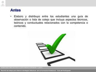 Reunión de trabajo para elaborar estrategias didácticas para la Formación Profesional - Guía del Participante
Antes
• Elaboro y distribuyo entre los estudiantes una guía de
observación o lista de cotejo que incluya aspectos técnicos,
teóricos y conductuales relacionados con la competencia o
contenido.
 