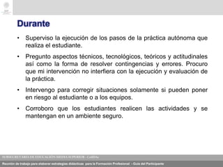Reunión de trabajo para elaborar estrategias didácticas para la Formación Profesional - Guía del Participante
Durante
• Superviso la ejecución de los pasos de la práctica autónoma que
realiza el estudiante.
• Pregunto aspectos técnicos, tecnológicos, teóricos y actitudinales
así como la forma de resolver contingencias y errores. Procuro
que mi intervención no interfiera con la ejecución y evaluación de
la práctica.
• Intervengo para corregir situaciones solamente si pueden poner
en riesgo al estudiante o a los equipos.
• Corroboro que los estudiantes realicen las actividades y se
mantengan en un ambiente seguro.
 