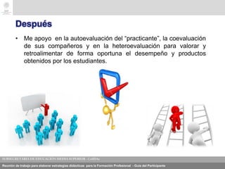 Reunión de trabajo para elaborar estrategias didácticas para la Formación Profesional - Guía del Participante
Después
• Me apoyo en la autoevaluación del “practicante”, la coevaluación
de sus compañeros y en la heteroevaluación para valorar y
retroalimentar de forma oportuna el desempeño y productos
obtenidos por los estudiantes.
 