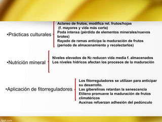 •Prácticas culturales

•Nutrición mineral

Aclareo de frutos, modifica rel. frutos/hojas
(f. mayores y vida más corta)
Poda intensa (pérdida de elementos minerales/nuevos
brotes)
Rayado de ramas anticipa la maduración de frutos
(periodo de almacenamiento y recolectarlos)

Niveles elevados de N2 reducen vida media f. almacenados
Los niveles hídricos afectan los procesos de la maduración

•Aplicación de fitorreguladores

Los fitorreguladores se utilizan para anticipar
su desarrollo.
Las giberelinas retardan la senescencia
Etileno promueve la maduración de frutos
climatéricos
Auxinas refuerzan adhesión del pedúnculo

 