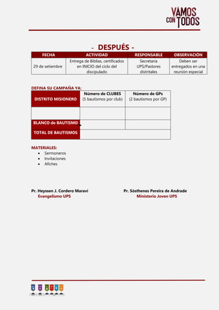 - DESPUÉS -
FECHA ACTIVIDAD RESPONSABLE OBSERVACIÓN
29 de setiembre
Entrega de Biblias, certificados
en INICIO del ciclo d...