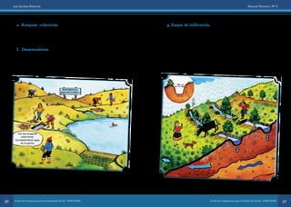 Las Qochas Rústicas
Fondo de Cooperación para el Desarrollo Social - FONCODES36
Manual Técnico / Nº 6
Fondo de Cooperación para el Desarrollo Social - FONCODES 37
e. Acequias colectoras. Son acequias de tierra, que sirven para
recolectar el agua de lluvia de quebradas laterales. La profundidad
y ancho de estas acequias dependerá de la cantidad de agua que se
llevará al área de almacenamiento. Su inclinación debe ser mínima
para evitar el arrastre de tierra, arena o cascajo.
f. Desarenadores. Antes de que el agua ingrese al área de
almacenamiento, se deben construir montículos de piedra o abrir
zanjas para detener los sedimentos que arrastra el agua durante la
escorrentía y así evitar que el área de almacenamiento se llene de
tierra.
Con las acequias
colectoras,
incrementamos agua
en la qocha
g. Zanjas de infiltración. Son acequias de tierra, construidas en las
laderas del área tributaria de la qocha, sirven para captar e infiltrar el
agua de las lluvias y evitar la erosión de los suelos.
Las zanjas deben hacerse en terreno con inclinación moderada.
Para trazar las líneas por donde se excavarán las zanjas se puede
utilizar el nivel A o la técnica del nivel de manguera con agua. Se
sugiere: 5 m de largo, 0,30 m de ancho y 0,30 m de profundidad y
1 m de separación para el camino. La tierra extraída se deposita en
la parte baja de la zanja para formar un camellón, el cual debe ser
ligeramente compactado. Se sugiere plantar árboles y pastos nativos
en el camellón para darle estabilidad.
 