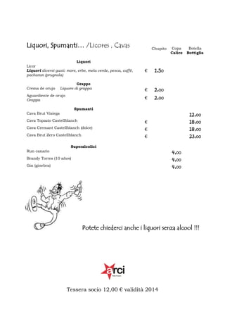 Liquori, Spumanti… /Licores , Cavas
Liquori
Licor
Liquori diversi gusti: more, erbe, mela verde, pesca, caffè,
pacharan (prugnola)
Crema de orujo

Chupito

Aguardiente de orujo
Grappa

€

Botella
Bottiglia

1,50
2,00

€

Grappe
Liquore di grappa

€

Copa
Calice

2,00

Spumanti

12,00
18,00
18,00
23,00

Cava Brut Visiega
Cava Topazio Castellblanch

€

Cava Cremant Castellblanch (dolce)

€

Cava Brut Zero Castellblanch

€

Superalcolici

4,00
4,00
4,00

Run canario
Brandy Torres (10 años)
Gin (ginebra)

Potete chiederci anche i liquori senza alcool !!!

Tessera socio 12,00 € validità 2014

 