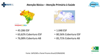 • 43.286 ESF
• 63,62% Cobertura ESF
• 76,08% Cobertura AB
• 1.048 ESF
• 80,56% Cobertura ESF
• 85,71% Cobertura AB
7
Fonte: SAPS/MS e Painel Previne Brasil/CONASEMS
Atenção Básica – Atenção Primária à Saúde
 