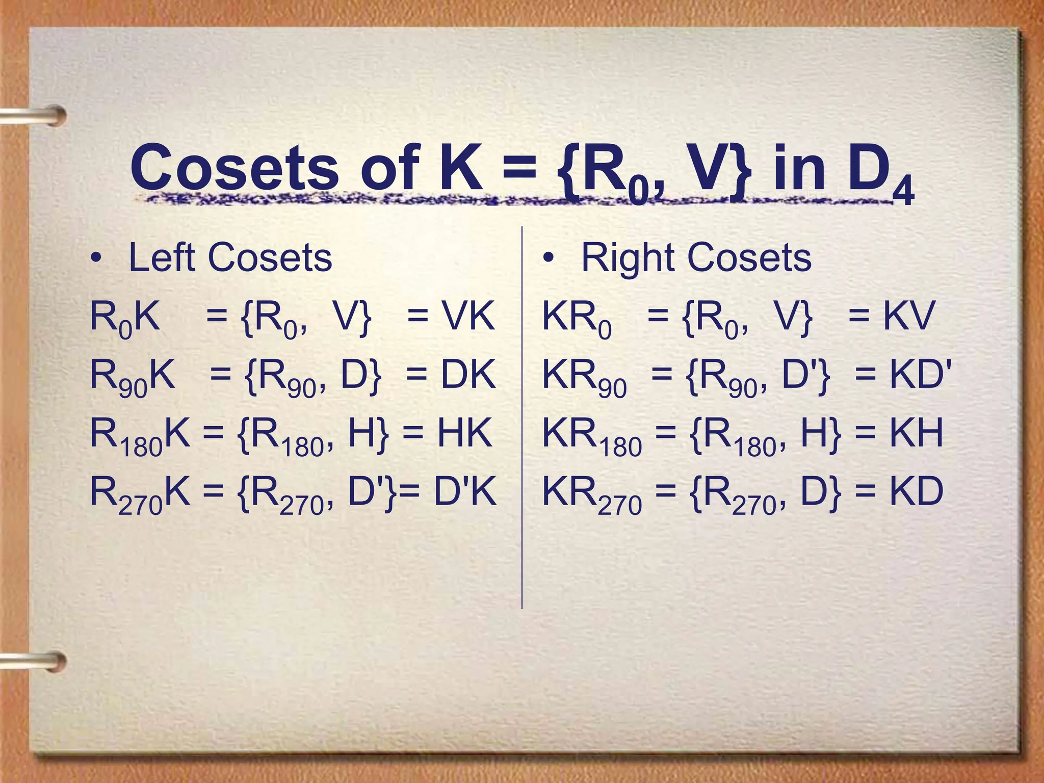 Cosets of K = {R0, V} in D4
• Left Cosets
R0K = {R0, V} = VK
R90K = {R90, D} = DK
R180K = {R180, H} = HK
R270K = {R270, D'}= D'K
• Right Cosets
KR0 = {R0, V} = KV
KR90 = {R90, D'} = KD'
KR180 = {R180, H} = KH
KR270 = {R270, D} = KD
 