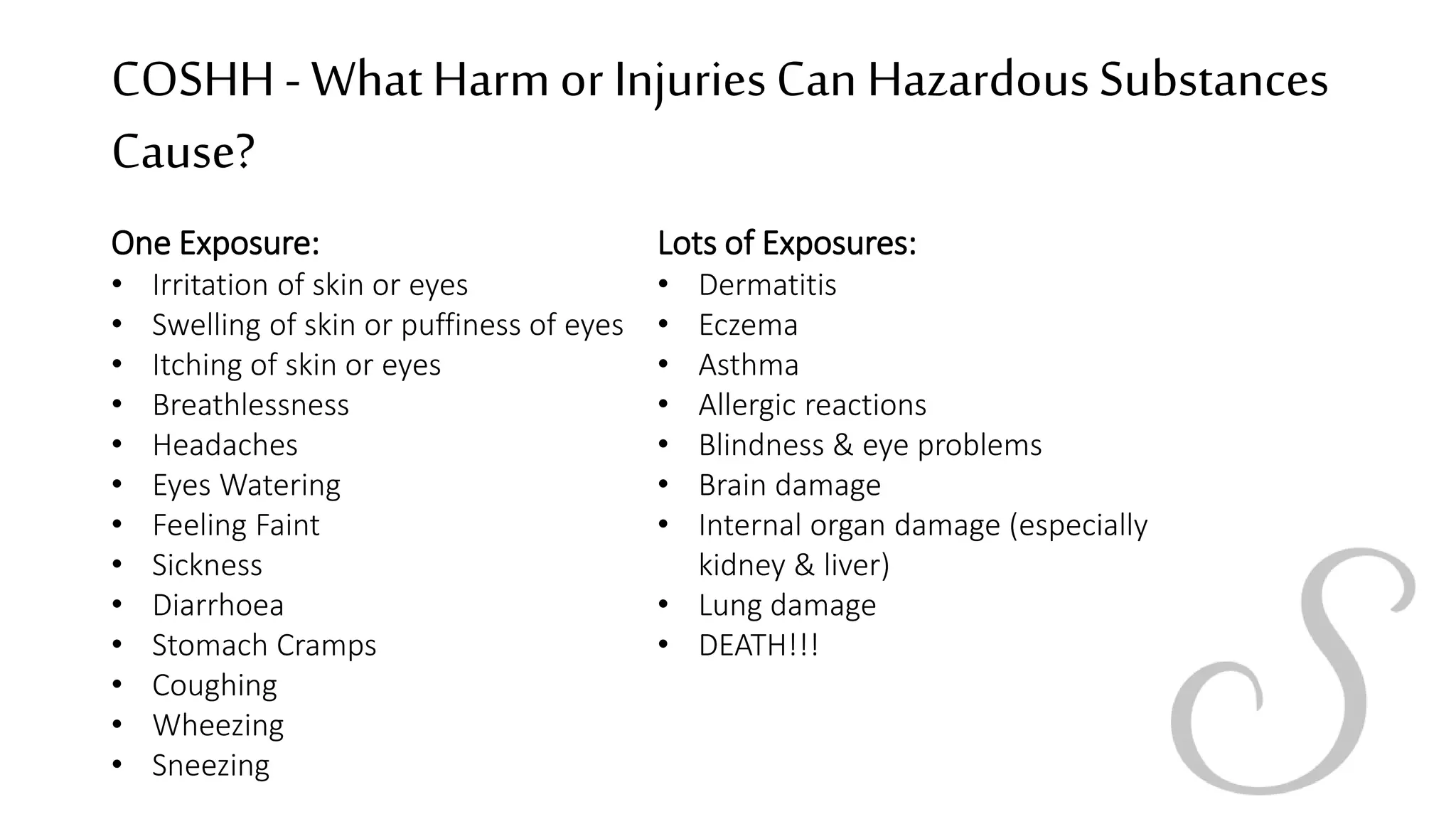 COSHH- What Harmor InjuriesCan HazardousSubstances
Cause?
One Exposure:
• Irritation of skin or eyes
• Swelling of skin or puffiness of eyes
• Itching of skin or eyes
• Breathlessness
• Headaches
• Eyes Watering
• Feeling Faint
• Sickness
• Diarrhoea
• Stomach Cramps
• Coughing
• Wheezing
• Sneezing
Lots of Exposures:
• Dermatitis
• Eczema
• Asthma
• Allergic reactions
• Blindness & eye problems
• Brain damage
• Internal organ damage (especially
kidney & liver)
• Lung damage
• DEATH!!!
 