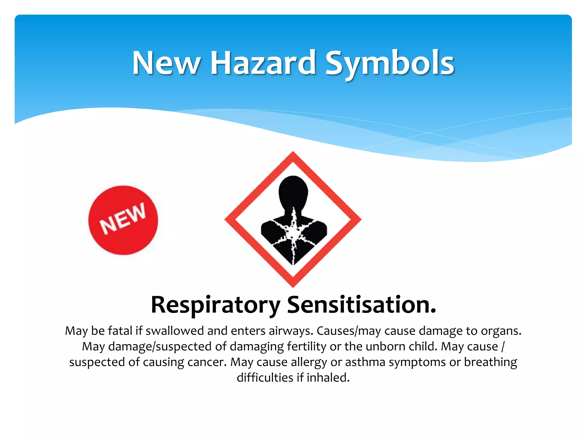 New Hazard Symbols
Respiratory Sensitisation.
May be fatal if swallowed and enters airways. Causes/may cause damage to organs.
May damage/suspected of damaging fertility or the unborn child. May cause /
suspected of causing cancer. May cause allergy or asthma symptoms or breathing
difficulties if inhaled.
 