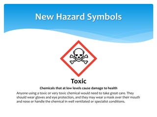 New Hazard Symbols
Toxic
Chemicals that at low levels cause damage to health
Anyone using a toxic or very toxic chemical would need to take great care. They
should wear gloves and eye protection, and they may wear a mask over their mouth
and nose or handle the chemical in well ventilated or specialist conditions.
 