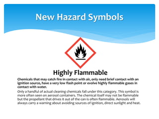 New Hazard Symbols
Highly Flammable
Chemicals that may catch fire in contact with air, only need brief contact with an
ignition source, have a very low flash point or evolve highly flammable gases in
contact with water.
Only a handful of actual cleaning chemicals fall under this category. This symbol is
more often seen on aerosol containers. The chemical itself may not be flammable
but the propellant that drives it out of the can is often flammable. Aerosols will
always carry a warning about avoiding sources of ignition, direct sunlight and heat.
 
