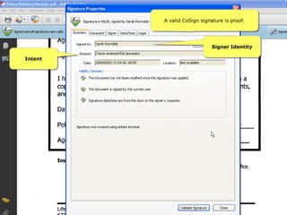 A valid CoSign signature is proof:




                             Signer Identity

Intent
 