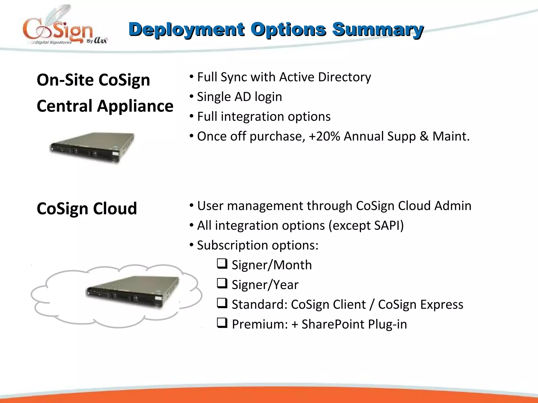 On-Site CoSign
Central Appliance
• Full Sync with Active Directory
• Single AD login
• Full integration options
• Once off purchase, +20% Annual Supp & Maint.
CoSign Cloud • User management through CoSign Cloud Admin
• All integration options (except SAPI)
• Subscription options:
 Signer/Month
 Signer/Year
 Standard: CoSign Client / CoSign Express
 Premium: + SharePoint Plug-in
Deployment Options SummaryDeployment Options Summary
 