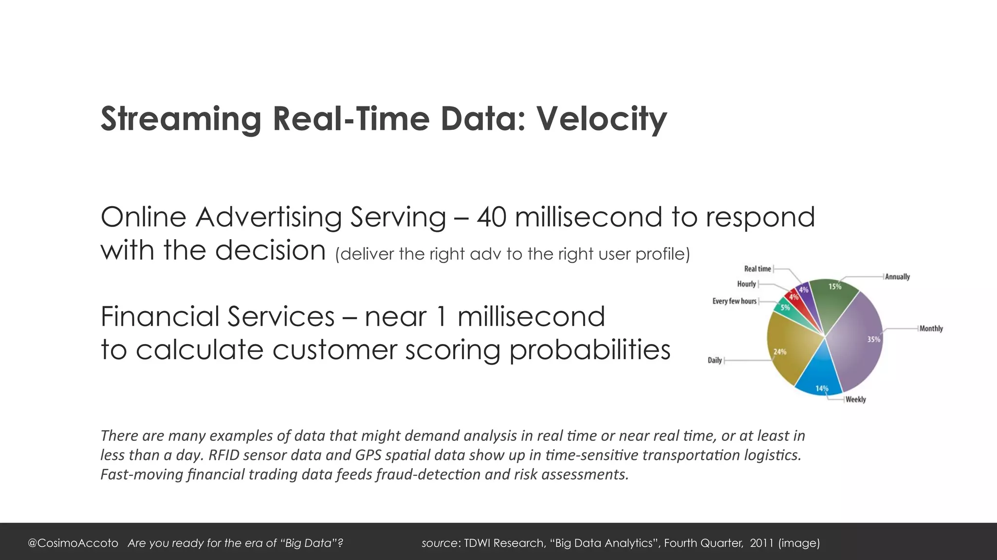 Streaming Real-Time Data: Velocity

            Online Advertising Serving – 40 millisecond to respond
            with the decision (deliver the right adv to the right user profile)

            Financial Services – near 1 millisecond
            to calculate customer scoring probabilities

            There	
  are	
  many	
  examples	
  of	
  data	
  that	
  might	
  demand	
  analysis	
  in	
  real	
  4me	
  or	
  near	
  real	
  4me,	
  or	
  at	
  least	
  in	
  
            less	
  than	
  a	
  day.	
  RFID	
  sensor	
  data	
  and	
  GPS	
  spa4al	
  data	
  show	
  up	
  in	
  4me-­‐sensi4ve	
  transporta4on	
  logis4cs.	
  
            Fast-­‐moving	
  ﬁnancial	
  trading	
  data	
  feeds	
  fraud-­‐detec4on	
  and	
  risk	
  assessments.	
  



@CosimoAccoto Are you ready for the era of “Big Data”?                                 source: TDWI Research, “Big Data Analytics”, Fourth Quarter, 2011 (image)
 