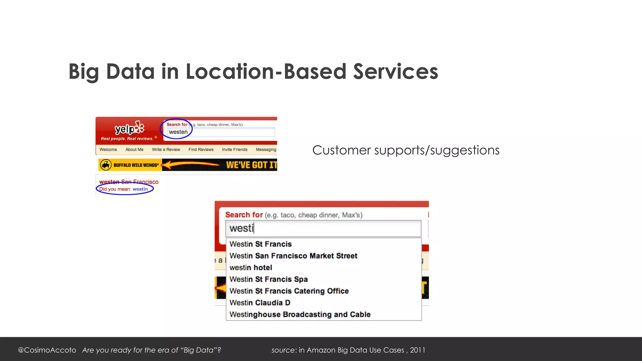 Big Data in Location-Based Services


                                                                    Customer supports/suggestions




@CosimoAccoto Are you ready for the era of “Big Data”?   source: in Amazon Big Data Use Cases , 2011
 