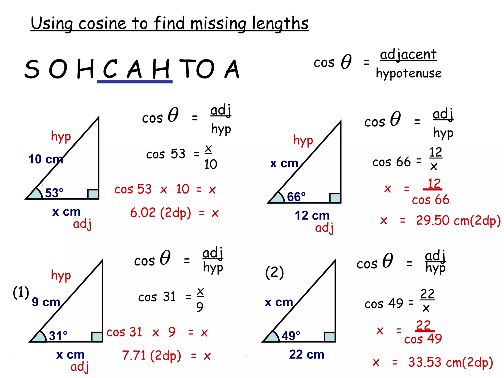 Using cosine to find missing lengths
                                                                adjacent
                                                     cos θ =
 S O H C A H TO A                                              hypotenuse

                                   adj
                       cos θ   =                           cos θ     =
                                                                         adj
                                   hyp                                   hyp
        hyp                                    hyp
                       cos 53 = x                                        12
  10 cm                         10       x cm                  cos 66  = x

       53°         cos 53 x 10 = x                               x = 12
                                               66°                    cos 66
        x cm         6.02 (2dp) = x             12 cm
           adj                                                  x = 29.50 cm(2dp)
                                                   adj

                                 adj
                     cos θ     = hyp                      cos θ
                                                                      adj
                                                                    = hyp
        hyp                              (2)
(1)                   cos 31 = x                                    22
      9 cm                     9         x cm              cos 49 = x

        31°       cos 31 x 9 = x           49°               x = 22
                                                                 cos 49
         x cm       7.71 (2dp) = x          22 cm
                                                               x = 33.53 cm(2dp)
            adj
 