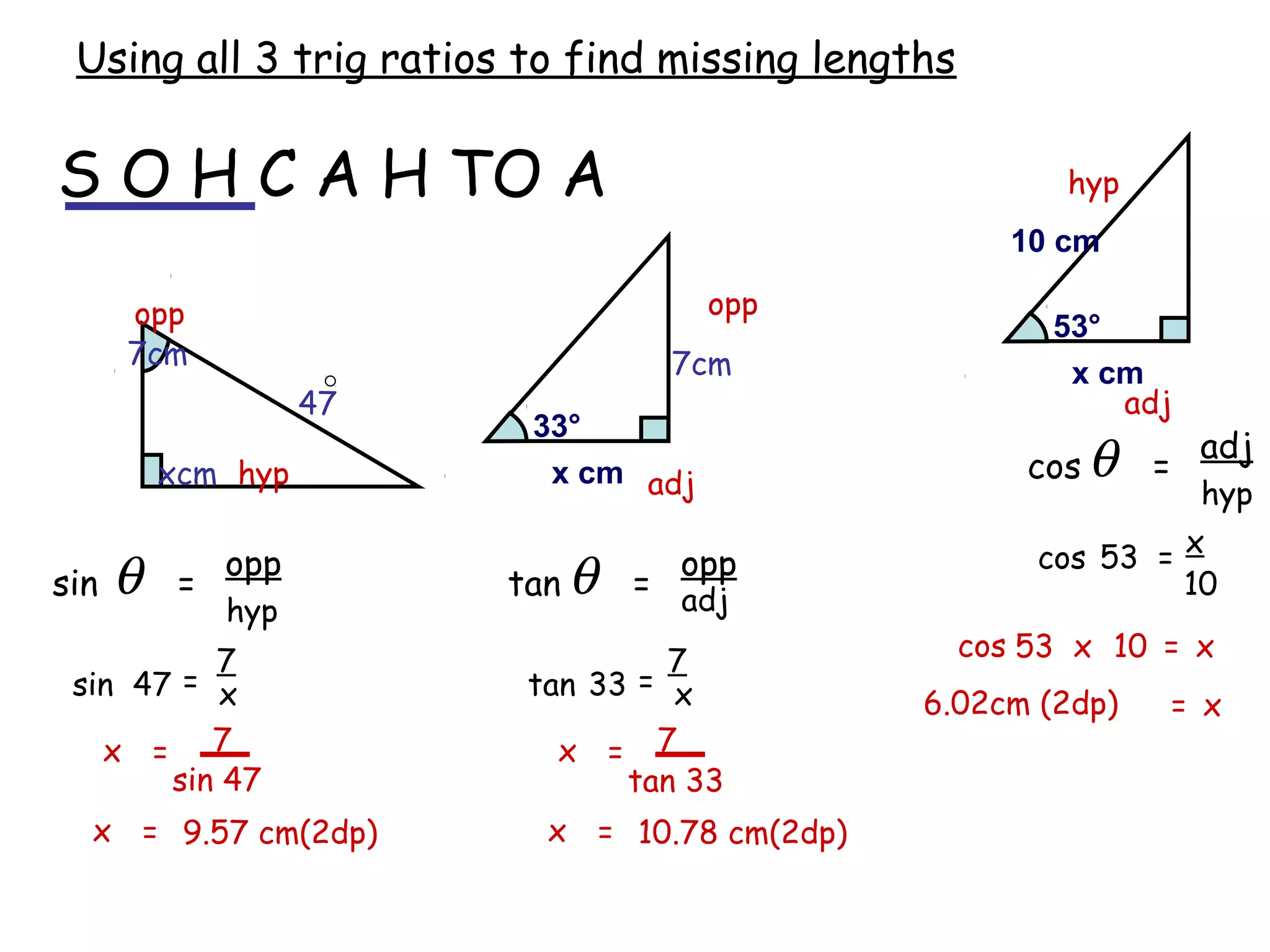 Using all 3 trig ratios to find missing lengths

S O H C A H TO A                                         hyp
                                                      10 cm

      opp                              opp
                                                        53°
      7cm                           7cm                  x cm
                     47                                     adj
                           33°
                                                                    adj
          xcm hyp           x cm adj                   cos θ   =
                                                                    hyp

               opp                  opp                cos 53 = x
sin   θ    =              tan θ   = adj                         10
               hyp
          7                         7              cos 53 x 10 = x
 sin 47 = x                tan 33 = x
                                                6.02cm (2dp)       = x
   x = 7                     x = 7
       sin 47                    tan 33
  x = 9.57 cm(2dp)          x = 10.78 cm(2dp)
 