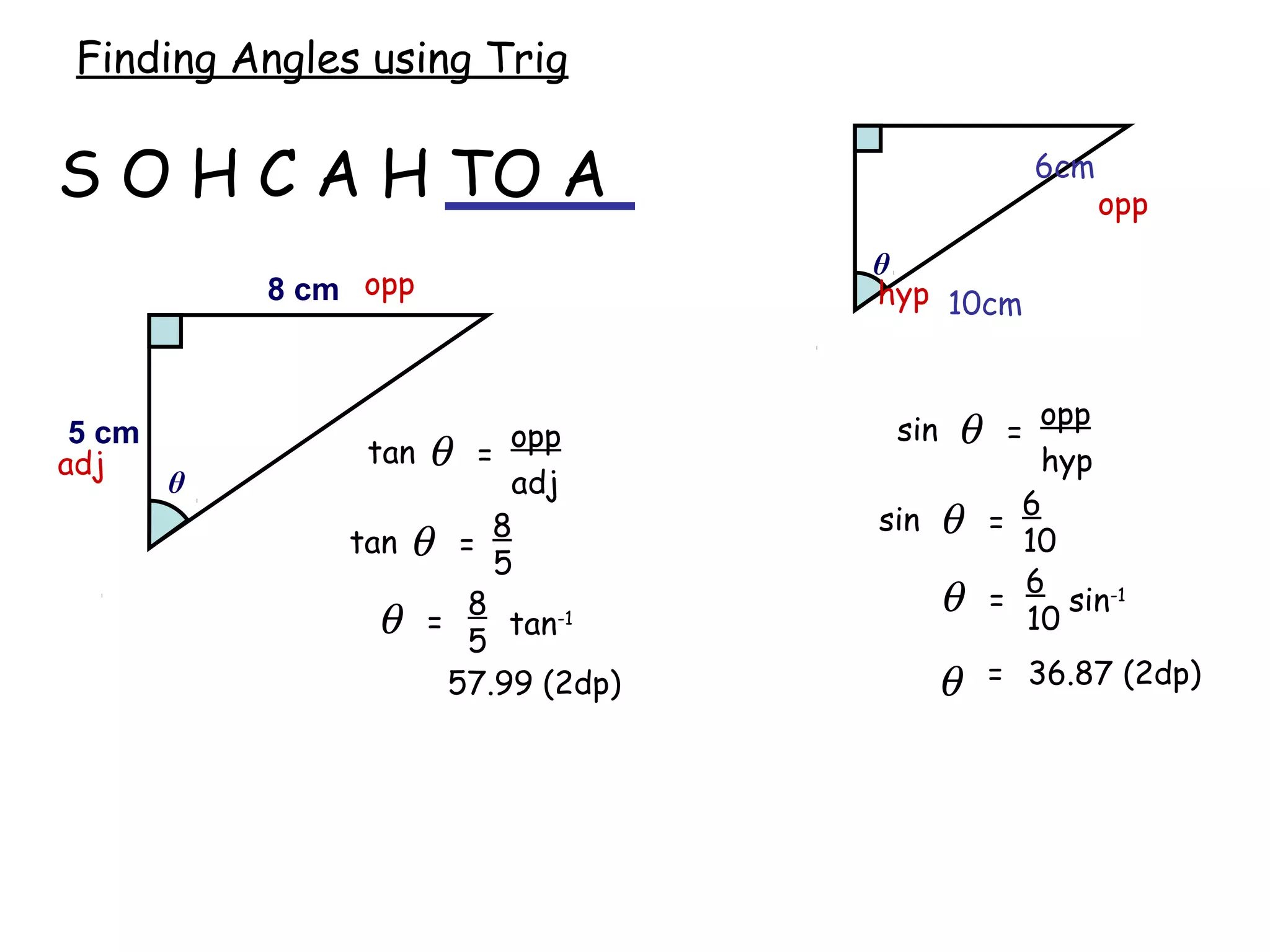 Finding Angles using Trig

S O H C A H TO A                                    6cm
                                                          opp
                                    θ
            8 cm opp                hyp 10cm


                                                  opp
 5 cm
                 tan θ =
                          opp        sin   θ    =
adj                                               hyp
        θ                 adj
                                                 6
                tan θ =
                         8          sin    θ   =
                                                 10
                         5
                                                 6
                                           θ   =    sin-1
                  θ = 8 tan-1
                       5
                                                 10

                      57.99 (2dp)         θ    = 36.87 (2dp)
 