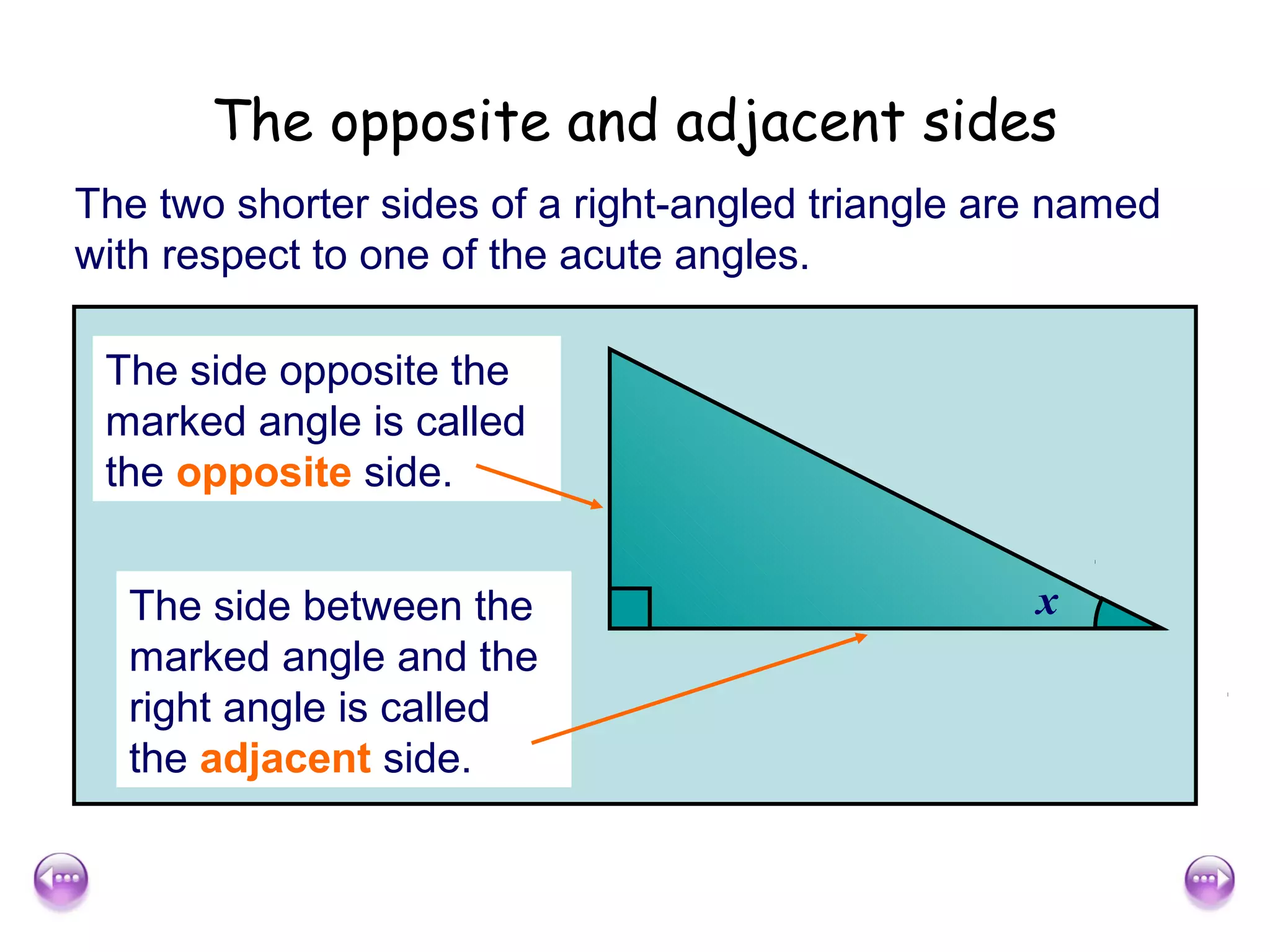 The opposite and adjacent sides
The two shorter sides of a right-angled triangle are named
with respect to one of the acute angles.

 The side opposite the
 marked angle is called
 the opposite side.


  The side between the                             x
  marked angle and the
  right angle is called
  the adjacent side.
 