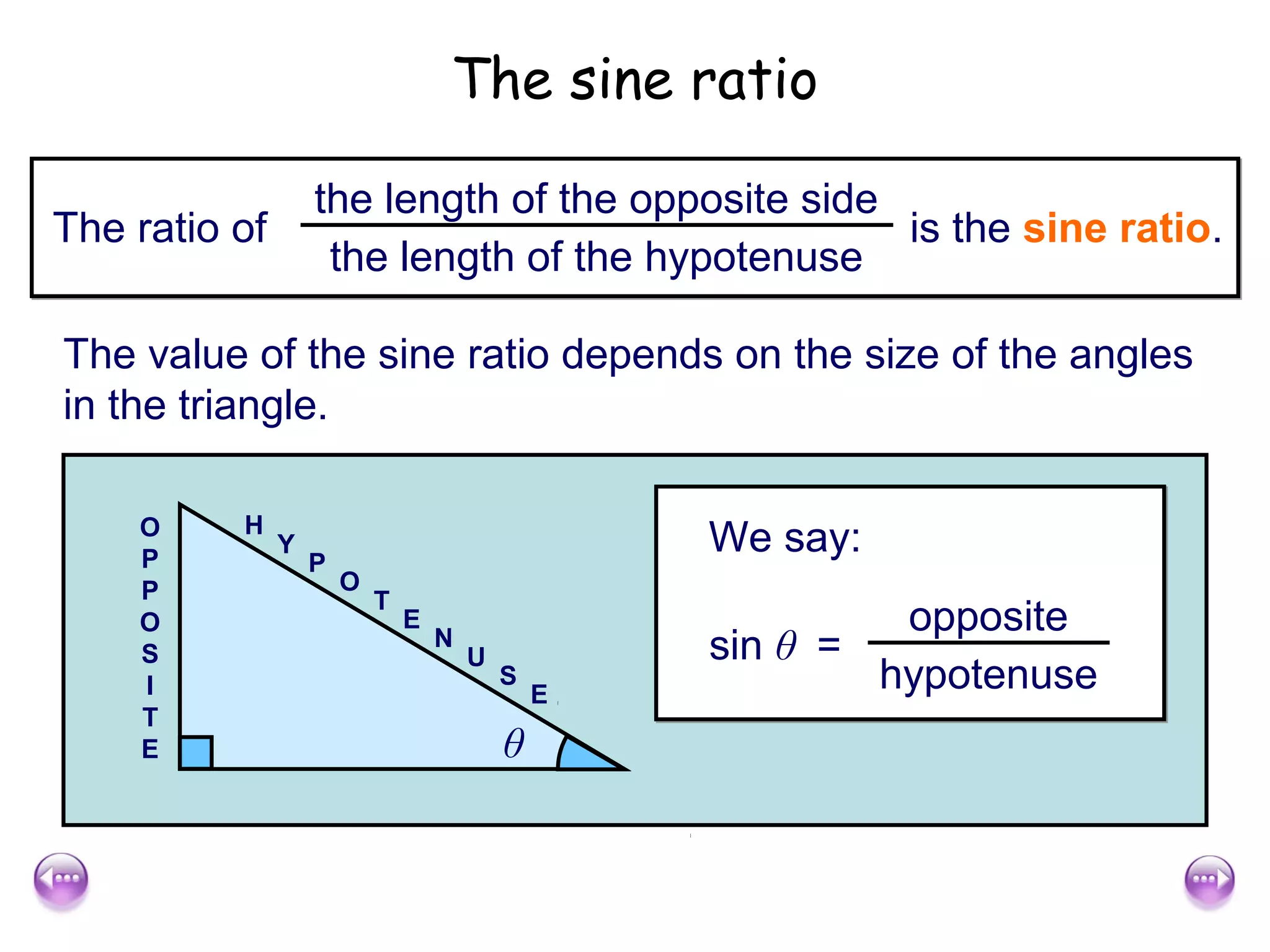 The sine ratio

                   the length of the opposite side
The ratio of                                       is the sine ratio.
                    the length of the hypotenuse

The value of the sine ratio depends on the size of the angles
in the triangle.

    O     H
    P
               Y
                   P
                                                   We say:
    P                  O
                           T
    O                          E                            opposite
    S
                                   N
                                       U           sin θ =
    I                                      S
                                               E
                                                           hypotenuse
    T
    E                                      θ
 