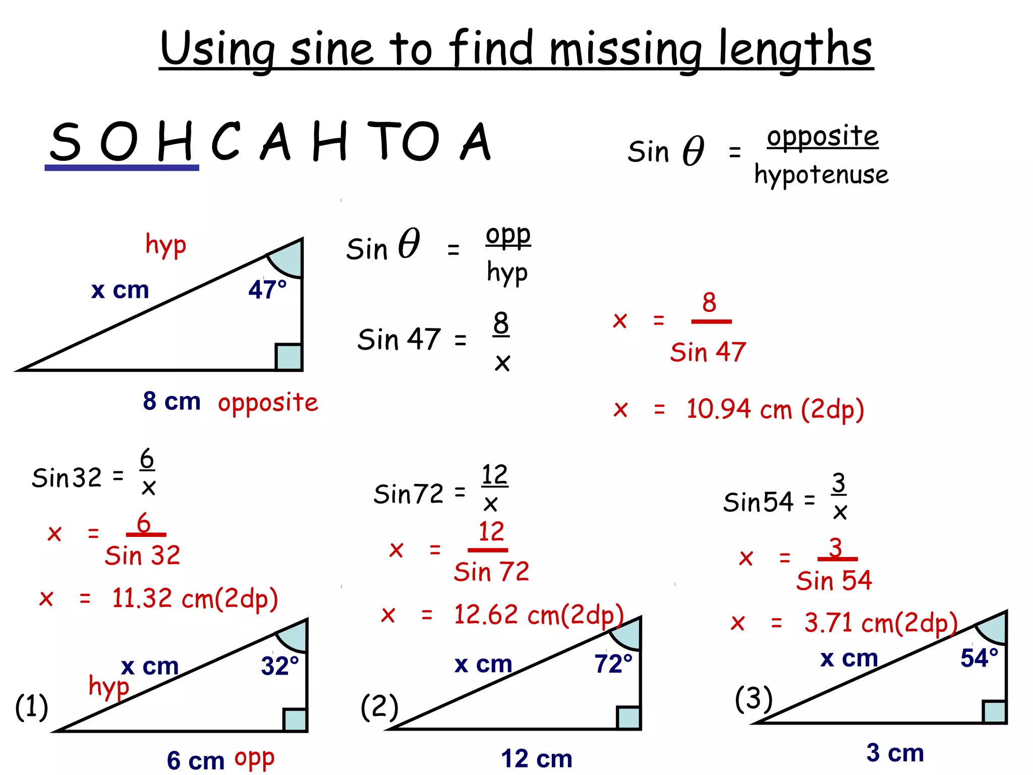 Using sine to find missing lengths

  S O H C A H TO A                              Sin   θ       =
                                                                  opposite
                                                                  hypotenuse

                                     opp
          hyp            Sin θ   =
                                     hyp
      x cm         47°                                    8
                                     8         x =
                         Sin 47 =                    Sin 47
                                     x
         8 cm opposite                         x = 10.94 cm (2dp)
          6
 Sin 32 = x                        12                                   3
                          Sin 72 = x                          Sin 54 = x
  x = 6                            12
       Sin 32              x =                                 x = 3
                                 Sin 72                              Sin 54
  x = 11.32 cm(2dp)
                           x = 12.62 cm(2dp)                  x = 3.71 cm(2dp)
        x cm       32°           x cm         72°                  x cm        54°
      hyp
(1)                       (2)                                  (3)

             6 cm opp                 12 cm                               3 cm
 