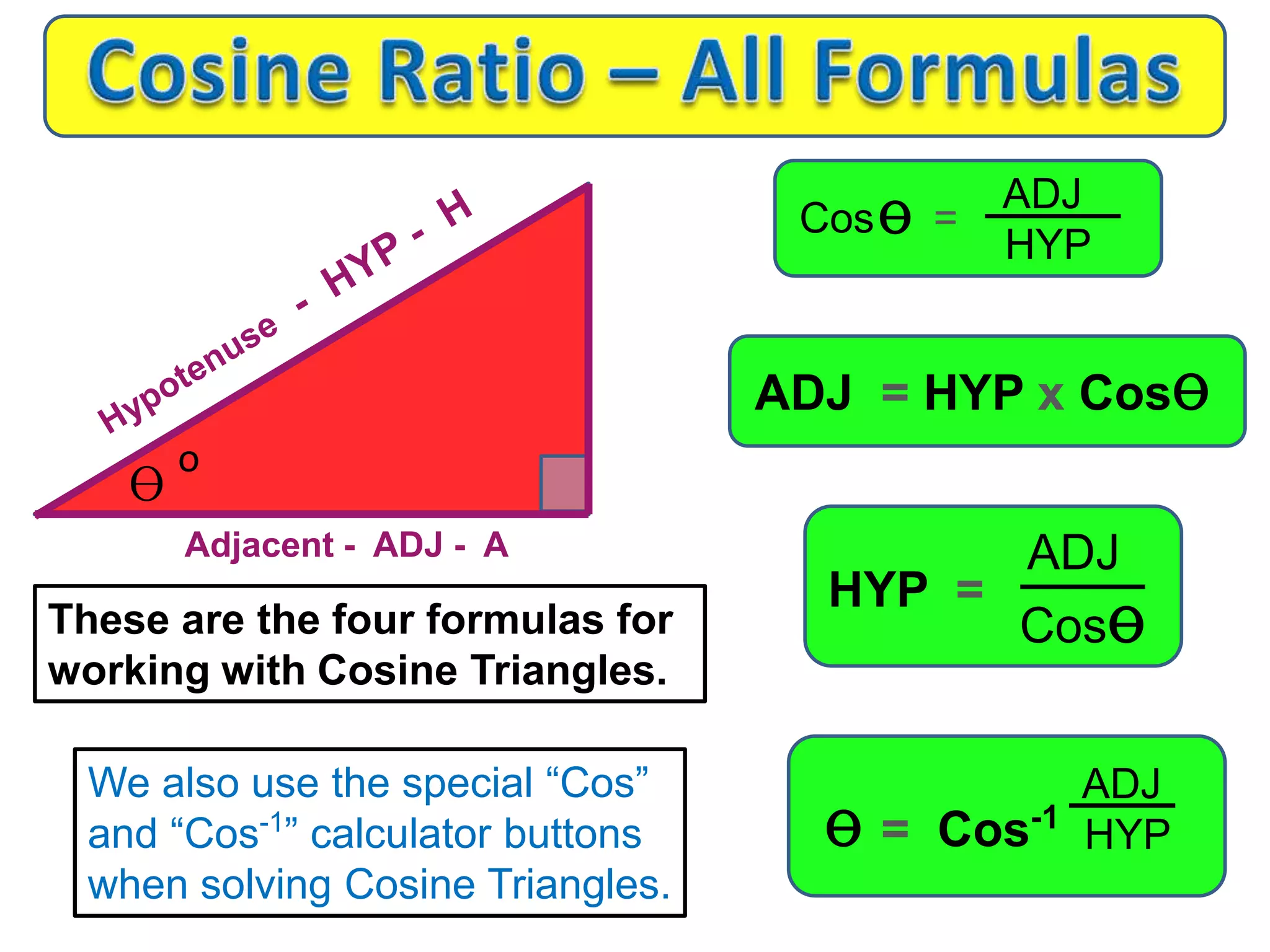 ɵo
ADJ
HYP
ɵCos =
These are the four formulas for
working with Cosine Triangles.
ADJ = HYP x Cosɵ
ɵ = Cos-1
ADJ
Cosɵ
ADJ
HYP
HYP =
We also use the special “Cos”
and “Cos-1
” calculator buttons
when solving Cosine Triangles.
Adjacent - ADJ - A
 