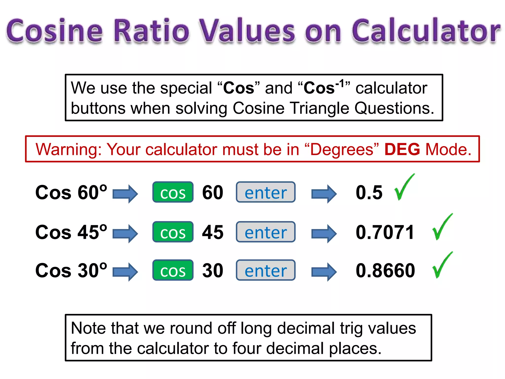 We use the special “Cos” and “Cos-1
” calculator
buttons when solving Cosine Triangle Questions.
Warning: Your calculator must be in “Degrees” DEG Mode.
Cos 60o
cos 60 enter 0.5
Cos 45o
cos 45 enter 0.7071
Cos 30o
cos 30 enter 0.8660
Note that we round off long decimal trig values
from the calculator to four decimal places.
 