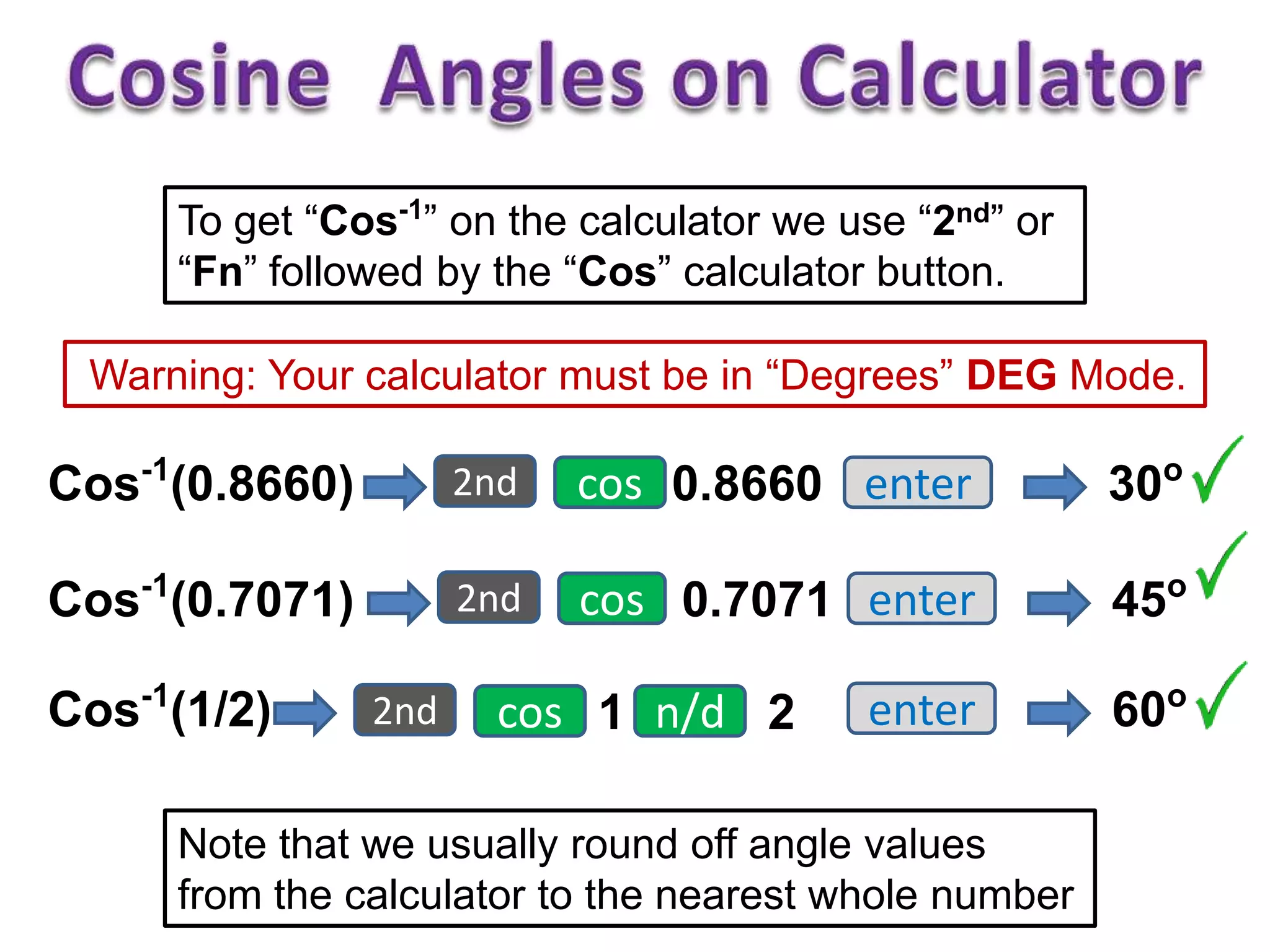 To get “Cos-1
” on the calculator we use “2nd” or
“Fn” followed by the “Cos” calculator button.
Warning: Your calculator must be in “Degrees” DEG Mode.
30o
cos 0.8660 enterCos-1
(0.8660)
Note that we usually round off angle values
from the calculator to the nearest whole number
2nd
45o
cos 0.7071 enterCos-1
(0.7071) 2nd
60o
cos 1 enterCos-1
(1/2) 2nd n/d 2
 