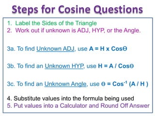 1. Label the Sides of the Triangle
2. Work out if unknown is ADJ, HYP, or the Angle.
3a. To find Unknown ADJ, use A = H x Cosɵ
3b. To find an Unknown HYP, use H = A / Cosɵ
3c. To find an Unknown Angle, use ɵ = Cos-1
(A / H )
4. Substitute values into the formula being used
5. Put values into a Calculator and Round Off Answer
 