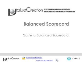 Balanced Scorecard
Cos’è la Balanced Scorecard
info@valuecreation.it 015-404192
www.valuecreation.it
 