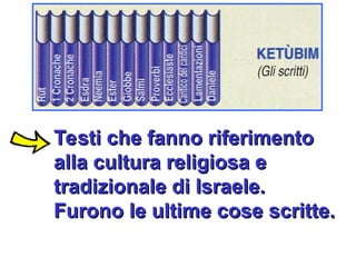 Testi che fanno riferimento
Testi che fanno riferimento
alla cultura religiosa e
alla cultura religiosa e
tradizionale di Israele.
tradizionale di Israele.
Furono le ultime cose scritte.
Furono le ultime cose scritte.
 