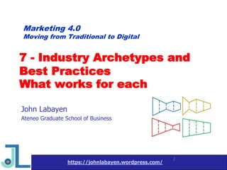 https://johnlabayen.wordpress.com/
1
7 - Industry Archetypes and
Best Practices
What works for each
John Labayen
Ateneo Graduate School of Business
Marketing 4.0
Moving from Traditional to Digital
 