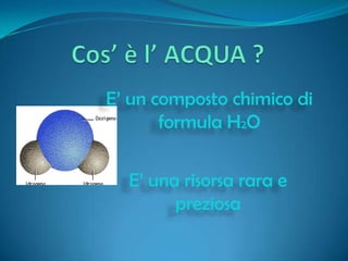 Cos’ è l’ ACQUA ? E’ un composto chimico di formula H2O E’ una risorsa rara e preziosa 