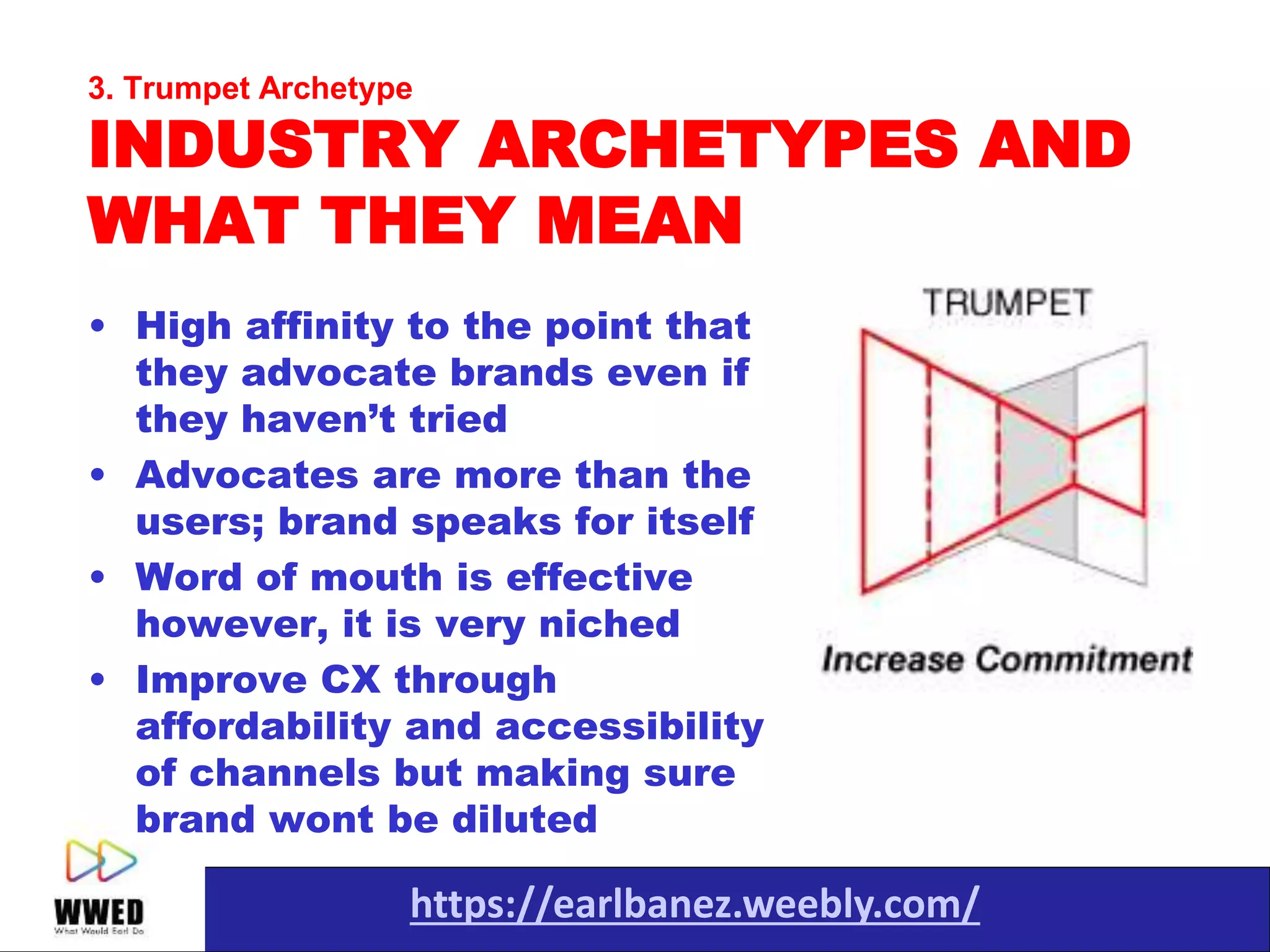https://earlbanez.weebly.com/
3. Trumpet Archetype
INDUSTRY ARCHETYPES AND
WHAT THEY MEAN
• High affinity to the point that
they advocate brands even if
they haven’t tried
• Advocates are more than the
users; brand speaks for itself
• Word of mouth is effective
however, it is very niched
• Improve CX through
affordability and accessibility
of channels but making sure
brand wont be diluted
 