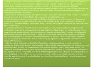 El otro gran monumento almeriense es su Catedral, que impresiona desde afuera por su aspecto de fortaleza. El interior es renacentista, con un hermoso coro plateresco, y los grandes retablos son barrocos, acercándose al modelo de las grandes catedrales de las provincias orientales de Andalucía, Granada, Jaén y Málaga.      Cuenta, además, con un buen número de iglesias menores con encanto, como el Templo de Santo Domingo o el de San Juan, construido éste sobre las ruinas de la mezquita mayor musulmana de la que conserva parte del <<mihrab>> y elementos decorativos.      El convento de las Concepcionistas tiene iglesia mudéjar y bellos patios del mismo estilo. También es mudéjar el otro gran convento de la ciudad, el de las Claras, aunque la portada es plateresca.      Los barrios almerienses son muy heterogéneos. El barrio de La Chanca, arriscado en torno a la Alcazaba, es popular y colorista, con fachadas de distintos colores que lo diferencian de tantos barrios típicos del resto de Andalucía. El Zapillo es marinero y señorial a un tiempo, pasando por los barrios comerciales del centro y el Paseo, eje de la vida loca.¡l.      Cerca de la capital está el Parque Natural de Cabo de Gata. es este un lugar paradisíaco, milagrosamente mantenido al margen de las prisas, que impresiona por su placidez. Aguas limpias que invitan al submarinismo, playas desiertas, parajes volcánicos, lentiscos, acebuches, palmitos, dunas móviles y especies, como el azufaifo, endémicas del lugar y de la cercana África. Es un parque de casi 30.000 hectáreas que invita a un recorrido en vehículos todo terreno o en bicicletas, pero también a la vela o al windsurf, con sus transparentes ensenadas.      Se han censado hasta 169 especies de aves en este parque y registrado en algunos años concentraciones de hasta 2.4000 flamencos.      El parque incluye distintas áreas. Desde San Miguel, típica aldea de pescadores, se puede uno dirigir al observatorio de aves de Las Salinas y al Faro de Cabo de Gata, rodeado de acantilados y un mar intensamente azul que se adentra en las calas. San José es también otro punto de referencia, junto a las playas de Monsul y los Genoveses, de donde partieran las naves españolas para la batalla de Lepanto. En la parte oriental, Rodalquilar es hoy un poblado minero abandonado, pero donde hasta hace pocas décadas se extrajeron minerales preciosos. Al Norte, es obligada la visita a Nijar, con una hermosa parroquia mudéjar y, sobre todo, un amplio caserío de profunda raigambre moruna. Es una localidad de rica artesanía, con la variada alfarería y tejidos tan peculiares como las <<jarapas>>.    