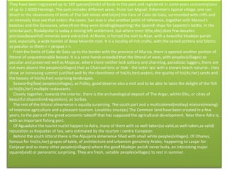 They have been registered up to 169 species(kinds) of birds in this park and registered in some years concentrations of up to 2.4000 Flemings. The park includes different areas. From San Miguel, fishermen's typical village, one can direct to the observatory of birds of The Salt mines and to(on) the Faro of Cabo de Gata, surrounded with cliffs and an intensely blue sea that enters the coves. San Jose is also another point of reference, together with Monsul's beaches and the Genoeses, wherefrom they were dividing(departing) the Spanish ships for Lepanto's battle. In the oriental part, Rodalquilar is today a mining left settlement, but where even it(he,she) does few decades precious(beautiful) minerals were extracted. Al Norte, is forced the visit to Nijar, with a beautiful Mudejar parish and, especially, a wide hamlet of deep Moorish root. It is a locality of rich crafts, with the varied pottery and fabrics as peculiar as them < < jarapas > >.      From the limits of Cabo de Gata up to the border with the province of Murcia, there is opened another portion of littoral of unquestionable beauty. It is a zone hands crowded that the littoral of west, with peoples(villages) so peculiar and preserved well as Mojacar, where there neither lack solitary and charming, paradisiac luggers, there are not even absent the peoples(villages) that as Charcoal-bins or Side - the latter last with a known beach naturist-, they show an increasing summit justified well by the cleanliness of his(its,her) waters, the quality of his(its,her) sands and the beauty of his(its,her) surprising landscapes.      Seaworthy(Sea) peoples(villages), as Pulley, good deserve also a visit and to be able to taste the delight of the fish in his(its,her) multiple restaurants.      Closely together, towards the interior, there is the archaeological deposit of The Argar, within Elks, or cities of beautiful disposition(regulation), as Sorbas.      The rest of the littoral almeriense is equally surprising. The south part and a multicolored(motley) mixture(mixing) of intensive agriculture and a pleasant tourism. Localities since(as) The Common land have been created in a few years, to the pairo of the great economic takeoff that has supposed the agricultural development. Near there Adra is, with an important fishing port.       Of Aguadulce the tourist nuclei happen to Adra, many of them with so well-taken(so valid,as well-taken,as valid) reputation as Roquetas of Sea, very estimated by the tourism I centre European.       Behind the south littoral there is the Alpujarra almeriense filled with small white peoples(villages). Of Ohanes, famous for his(its,her) grapes of table, of architecture and urbanism genuinely Arabic, happening to Laujar for Canjayar and so many other peoples(villages) where the good Mudejar parish never lacks, an interesting major square(seat) or panoramic surprising. They are fresh, suitable peoples(villages) to rest in summer.      
