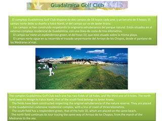    El complejo Guadalmina Golf Club dispone de dos campos de 18 hoyos cada uno, y un tercero de 9 hoyos. El campo norte debe su diseño a Falco Nardi; el del campo sur es de Javier Arana.      Los campos se han construido respetando la originaria exhuberancia del parque natural. Están situados en el extenso complejo residencial de Guadalmina, con una línea de costa de tres kilómetros.      El campo sur tiene un esplendoroso green, el del hoyo 10, que está situado sobre la misma playa.      El campo norte sigue en su recorrido el trazado serpenteante del Arroyo de los Chopos, desde el pantano de las Medranas al mar. The complex Guadalmina Golf Club each one has two fields of 18 holes, and the third one of 9 holes. The north field owes its design to Falco Nardi; that of the south field belongs to Javier Arana.      The fields have been constructed respecting the original exhuberancia of the nature reserve. They are placed in the Guadalmina's extensive residential complex, with a line of coast of three kilometres.      The south field has a resplendent green, that of the hole 10, which are placed on the same beach.      The north field continues its tour tracing the same way of Arroyo de los Chopos, from the marsh of the Medranas to the sea.  