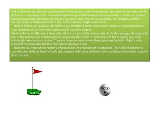 Jerez is the principal city most populated with the province, with international reputation for its wines and for its horses. It possesses a rich monumental patrimony, which includes impressive Gothic churches or Spanish Muslim living under Christian rule, palaces, museums. But they are the Cathedral, the Alcalzaba and the Cartuja one its principal exponent. It has, to the suburbs, a high speed circuit.      Not far from Jerez, Arcos de la Frontera it is a redoubt of artists and writers. Raised in a mountain on the river Guadalete it has the whole captivation of the white villages.  Medina Sidonia is different of these cities of the rich and cattle center. Here the Arabic vestiges alternate and join to the temples and Christian palaces, especially the church of Santa Maria of the Crowned one, from which high tower pasture is spied. They are these pastures, where there grows up the bull of fight, a note typical of this land. Also Alcala of the Gazules deserves a visit.      Near the sea, Vejer of the Frontera impresses for the originality of its urbanism. The Arabic fingerprint is specially clear without linens of walls lack, squares with palms and blue rollers and beautiful temples to round its attractions. 