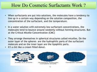 12
How Do Cosmetic Surfactants Work ?
• When surfactants are put into solutions, the molecules have a tendency to
line up in a certain way depending on the solution composition, the
concentration of the surfactant, and the temperature.
• In a water solution with extremely low surfactant concentrations, the
molecules tend to bounce around randomly without forming structures. But
at the Critical Micelle Concentration (CMC)
• They arrange themselves in spherical structures called micelles. On the
outer layer of the spheres are the hydrophilic parts of the surfactant
molecule and on the inner layer are the lipophilic parts.
• It’s a bit like a cream filled donut.
 